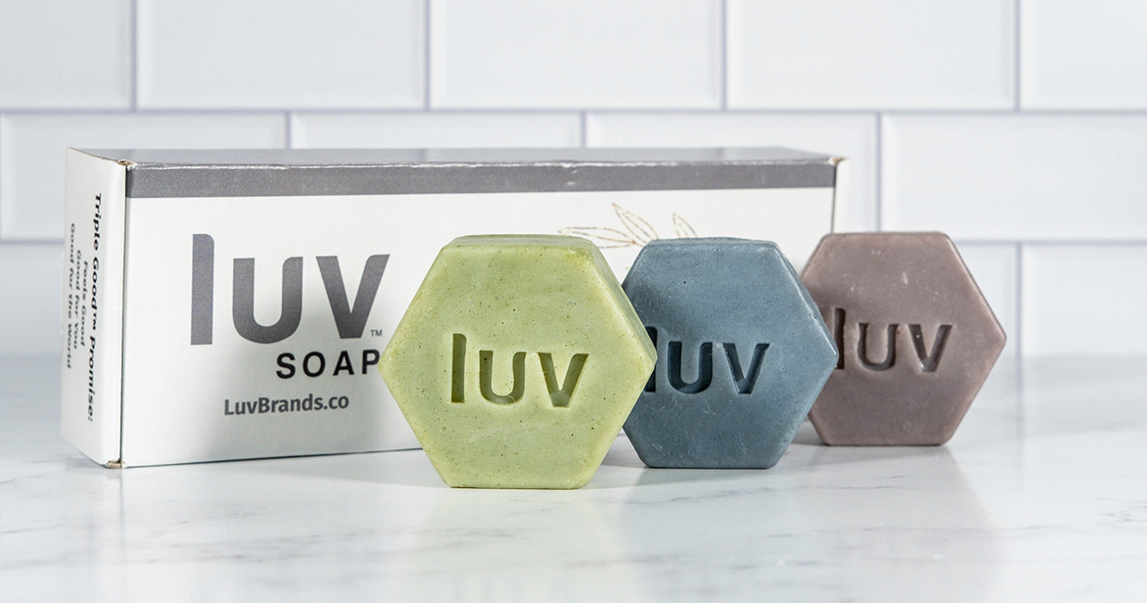 LuvSoap Hexagons 3-Pack - Green, Blue, Purple (cedar blend with French green clay; peppermint and rosemary with indigo; lavender blend with Moroccan red clay)