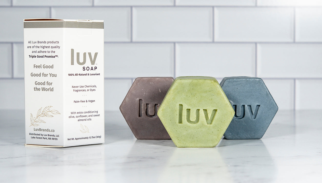 LuvSoap Hexagons 3-Pack - Green, Blue, Purple (cedar blend with French green clay; peppermint and rosemary with indigo; lavender blend with Moroccan red clay)