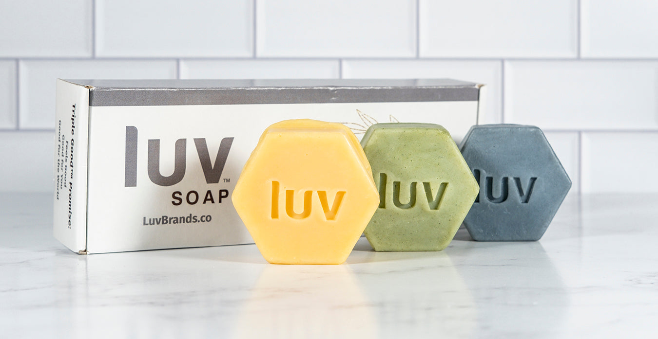 LuvSoap Hexagons 3-Pack - Yellow, Green, Blue (lemongrass and juniper with yellow kaolin clay; cedar blend with French green clay; peppermint and rosemary with indigo)