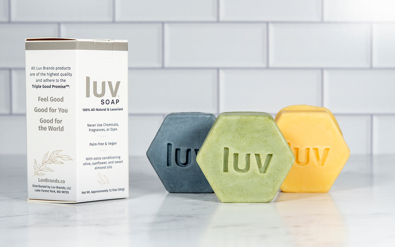 LuvSoap Hexagons 3-Pack - Yellow, Green, Blue (lemongrass and juniper with yellow kaolin clay; cedar blend with French green clay; peppermint and rosemary with indigo)