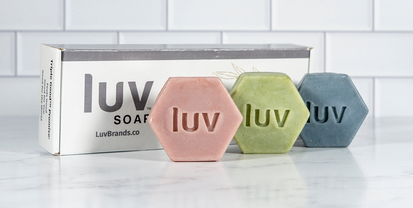 LuvSoap Hexagons 3-Pack - Red, Green, Blue (geranium blend with Moroccan red clay; cedar blend with French green clay; peppermint and rosemary with indigo)