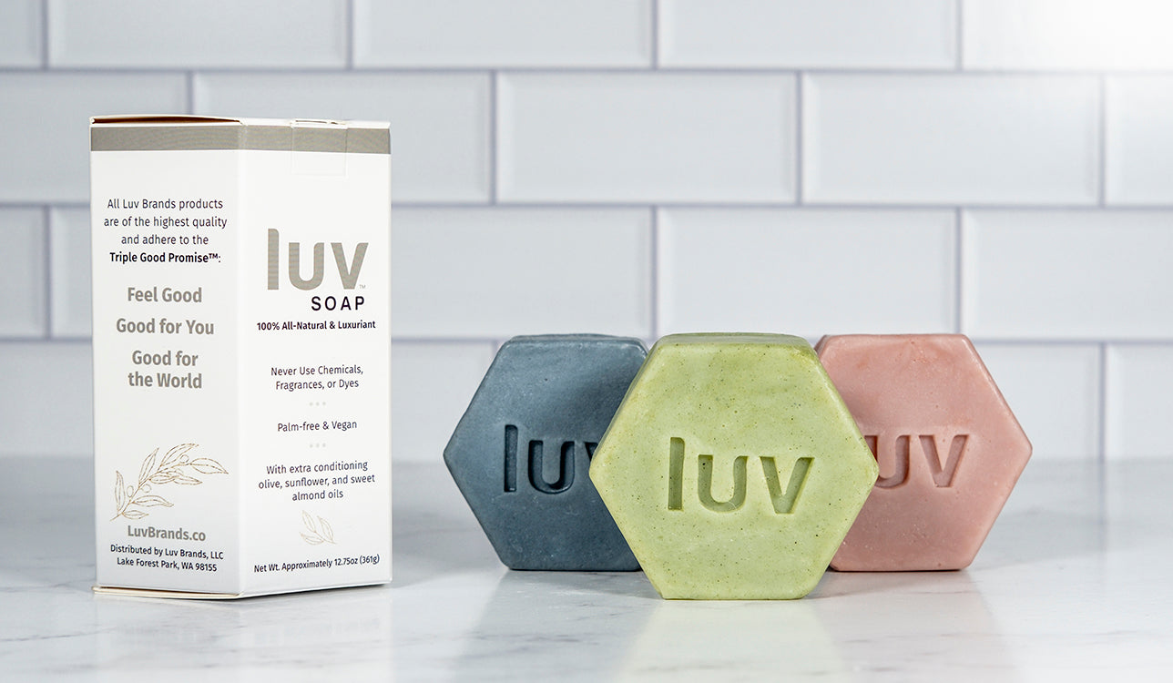 LuvSoap Hexagons 3-Pack - Red, Green, Blue (geranium blend with Moroccan red clay; cedar blend with French green clay; peppermint and rosemary with indigo)